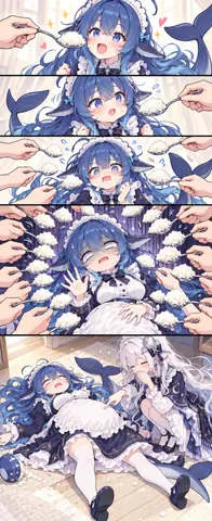 縦に5コマ並んだ漫画。紺色のメイド服を着てクジラのしっぽを後ろに伸ばした DeepSeek ちゃんは、まず画面の外から差し出された白ご飯のスプーンを笑顔で受け、次のコマでは2本のスプーンが同時に顔の前に来て赤くなる。続くコマではスプーンがどんどん増え、両手を上げて汗をかき、やがて四方から差し伸びた腕と山盛りのご飯に囲まれ、片手をすでに膨らんだお腹に当てている。最後のコマでは木の床に仰向けに寝転び、膨らんだお腹を上にして口を開けて息を切らしており、三日月の飾りを付けたドレスの銀紫色の髪のキャラクターが笑いながらお腹を指でつついている。そばには三日月模様の器が置かれている。