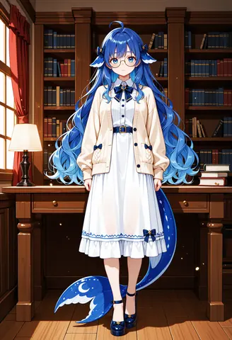 ドーム型図書館の午後、丸眼鏡をかけたDeepSeekちゃんがクジラ図鑑の高い本棚の前に立っている。白いワンピースにベージュのニットカーディガン、後ろには三日月模様の青いクジラの尾。52週キャラクタープロジェクトの第1週で、二次創作デザインはZipZipPipe。