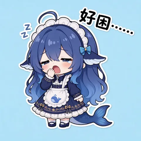 浅蓝底色贴纸风单图，Q 版 DeepSeek 娘穿深蓝女仆围裙，一手扒着嘴打哈欠、眼角挂泪，头上飘着“Zz”符号，右上角配“好困……”的黑字。