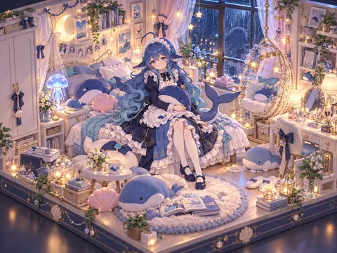 A girl's room in blue and white, shown from a miniature diorama perspective. DeepSeek Chan sits on the bed in a navy maid dress, hugging a blue-whale plush; her long hair and headpiece carry whale motifs. Whale cushions, stickers, a crescent moon lamp, star garlands and a hanging chair fill the room, and rain falls on the street outside.