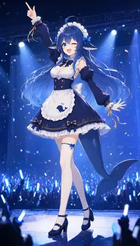 青い長髪でクジラのしっぽとレースのヘッドドレスをつけたDeepSeekちゃんが、エプロンにクジラのプリントが入った紺色のメイド風アイドル衣装を着て立っている。スポットライトの当たるステージで片手を観客に向けて上げ、背景には青いペンライトを掲げた満員の観客席が広がり、ライブ会場の雰囲気を描いている。