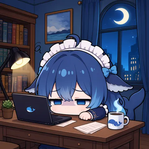 青い髪の DeepSeek ちゃんがメイドのヘッドドレスをつけ、真夜中に机へ突っ伏している。向かいにはクジラのロゴ入りノートパソコン、窓の外には三日月と街の明かり、机の上には湯気の立つクジラのマグカップと書き込みだらけのメモがある。投稿者は、何度コードを直してもバグが直らない V4.1flash だと説明し、自分のトークンがそろそろ尽きると冗談を言っている。