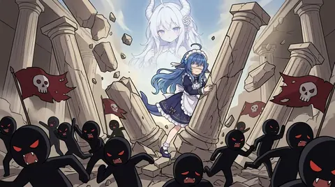 以《士师记》参孙推倒神殿为原型的 DeepSeek 鲸娘拟人二创插画:蓝发带鲸尾的少女穿深蓝女仆洋装、系白色围裙、戴白色蕾丝头饰,嘴部被一条白布横遮,正双手抵住一根正在崩裂的巨柱;她头顶上方浮着一位白发带角、身形巨大的半透明少女虚影,目光低垂看着下方。画面里散落着数十个黑身红眼、龇牙的圆头小怪,有的举臂高呼、有的正朝四周奔逃,其中几只还举着画有白骷髅与交叉骨的红色旗子;地面与半空布满落石与断柱,背景是正在坍塌的神殿列柱与灰白天空。