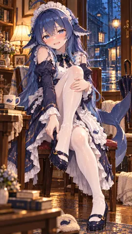 蓝发鲸鱼少女在雨夜躲进书房，湿漉漉地坐在椅子上脱鞋，尾鳍与裙子上的鲸鱼纹样呼应 DeepSeek 形象。