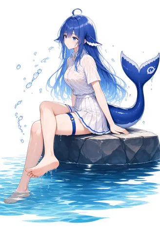 蓝发鲸尾少女身着白色连衣裙坐在水边礁石上，尾鳍翘起、水珠与气泡环绕，湿发贴脸，呈现 DeepSeek 蓝鲸拟人化的清爽水景插画。