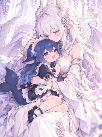 画面中，白发龙角少女将蓝发鲸鱼娘环抱在怀中，鲸鱼娘身穿深蓝色鲸鱼图案洋装、拖着蓝色鱼尾。背景是盛开的紫藤花与白色长裙，整体氛围柔和。