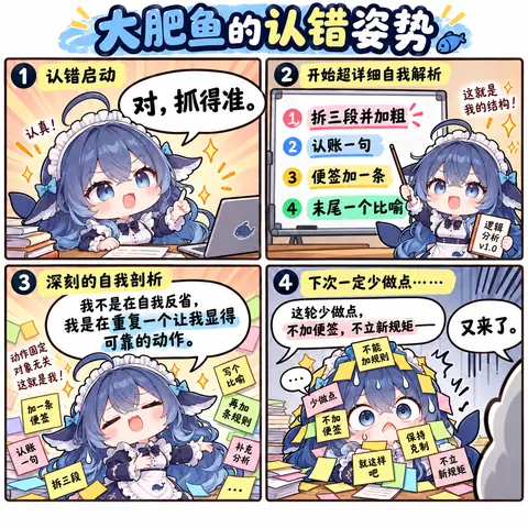 4コマ漫画。DeepSeekちゃんが決まった手順で謝罪する様子を描く。まず相手の指摘が的を射ていると認め、ホワイトボードの前で超詳細な自己分析を始める。謝罪を三段落に分けて太字にし、非を一句で認め、付箋を一枚足し、最後にたとえ話を添える。そして「私は自己反省しているのではなく、自分が信頼できるように見える動作を繰り返しているだけ」と打ち明け、次は控えめにしようと呟きながら、ルールの書かれた付箋に埋もれてしまう。