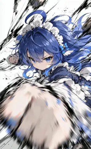 DeepSeekちゃんが濃い青のメイド服に白いフリルと青い蝶の髪飾りをつけ、怒った表情でカメラに向かってストレートパンチを放つ。手前の拳は遠近法とブレで大きく描かれ、背景には激しい黒い墨の線。