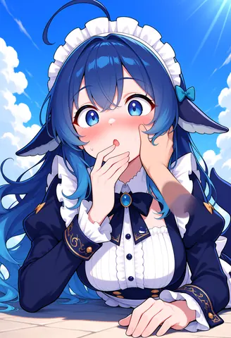紺と白のメイド服を着たDeepSeekちゃんが画面の下辺に寄りかかっている。画面外から伸びた手が彼女の頬に触れ、彼女は片手で口を覆い、顔を真っ赤にして目を大きく見開き、戸惑った表情を浮かべている。背景には青空と白い雲が広がっている。