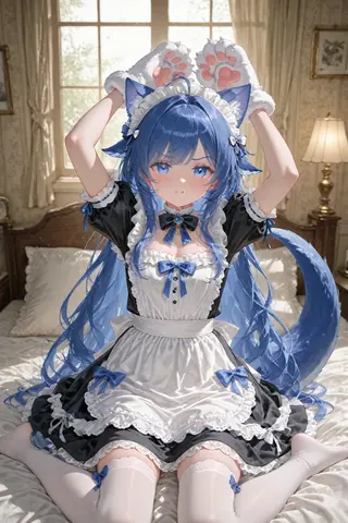 青い長髪のDeepSeekちゃんが猫耳カチューシャと白黒のメイド服姿でベッドに座り、両手を猫の手のように上げている。背後では青い大きな尻尾が丸まり、日差しの差し込む寝室が描かれている。