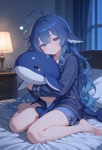 青い髪の少女が紺色のパジャマ姿で、淡い色のシーツの上にあぐらをかいて座り、オルカ型のぬいぐるみを抱きしめている。部屋の片側には暖色のランプが灯り、カーテンの外は夜。人物は小さく微笑みながらこちらを見ている。