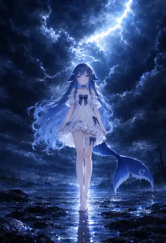 蓝发少女赤足站在雷雨夜的浅滩上，身后拖着一条鲸尾，远处是摩天轮残骸与划破夜空的闪电。