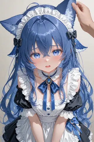 蓝色长发的猫耳 DeepSeek 娘身穿黑白女仆装，被画面外伸出的一只手捏住头顶猫耳，脸颊泛红、张嘴露出惊讶表情的近景画面。