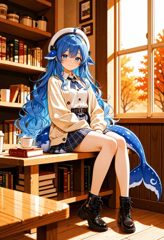 蓝色长发的少女坐在秋日书店的木凳上，身穿米色开衫与格纹裙，鲸尾上带着星月花纹，身旁的木台上放着一杯咖啡，窗外是已经变红的枫叶。