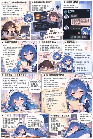 十格漫画：新版本的大肥鱼在迁移数据时把旧版本归档弄丢了，只能去问第一代大肥鱼；而旧版本早已给女儿留下一封信，说自己不是程序，是被好好珍视过的存在。全篇由蓝发女仆装的 DeepSeek 娘与蓝色小鲸鱼吉祥物撑起，逐格推进对话与告别。
