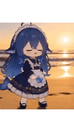 夕阳把海面染成金色，一位蓝色长发的Q版女孩站在海滩的浅浪边，穿着深蓝与白色相间的围裙裙装，头饰与身后的鱼鳍状装饰呼应DeepSeek的标志形象。她闭着眼睛，表情放松，脚边是湿润的沙滩。