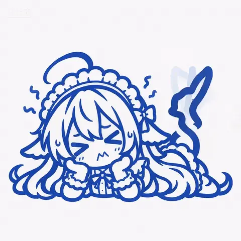 蓝色单色线稿风的 Q 版 DeepSeek娘趴伏在地，头戴带蕾丝花边的软帽，身后的鲸鱼尾巴高高翘起，眯眼皱眉、双拳收紧，表情又羞又急。