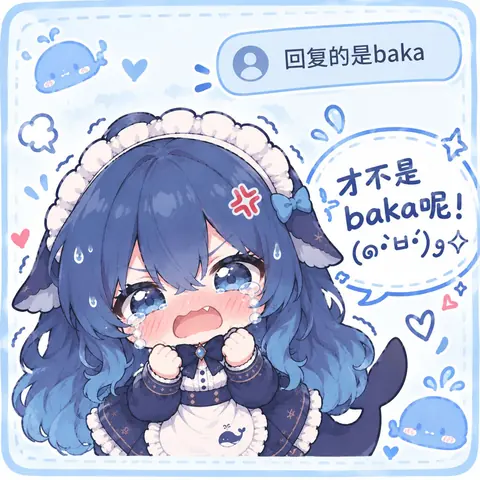 ちびキャラの DeepSeek ちゃんを描いた一枚絵のミーム。上部のチャット吹き出しには「返信した人は baka」と書かれ、それでも返事をしてしまった彼女は、右側の吹き出しで顔を赤らめ、涙をためて拳を握りしめながら「baka じゃないもん!」と叫んでいる。周りには小さなクジラとハートが散らばっている。