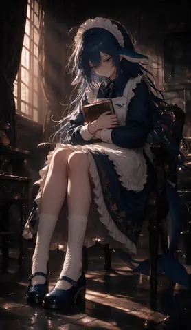 蓝色长发、长有鳍状耳与鲸尾的少女，身穿深蓝色女仆装与白色蕾丝围裙，坐在昏暗房间的扶手椅上双手抱书、低头垂泪；暖光自高窗斜射入室，裙摆上有金色花卉纹样与一枚蓝色小徽章。
