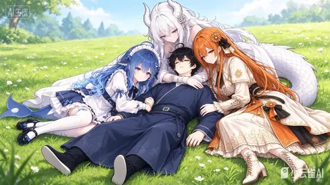 阳光草地上，蓝发蓝尾的 DeepSeek 娘、银白长发带龙角的少女与橙发少女围在一名闭眼躺卧的黑发少年身旁，三人分别搭肩、牵手、贴近，画面为单幅全身群像插画，左上角与右下角带 AI 生成水印。