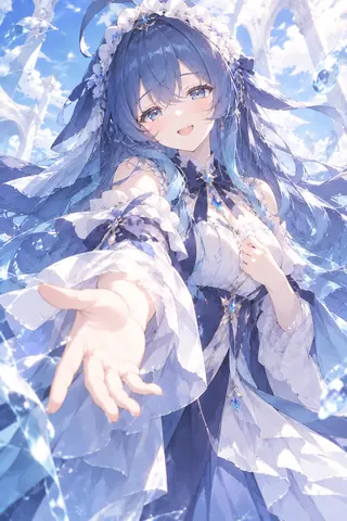 蓝发少女身着蓝白礼服、头戴花冠，向画面外伸出手，背景为水晶般的天蓝色圣殿与海水光效。
