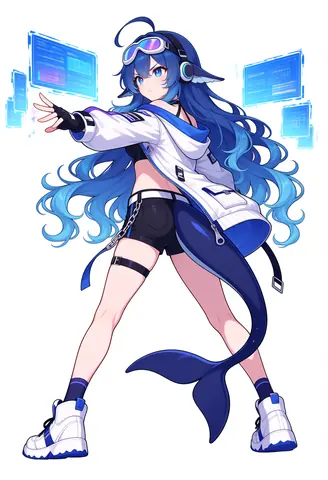 白背景の全身立ち絵。青いロングヘアのDeepSeekちゃんが白いテックウェアのジャケットと黒いショートパンツをまとい、ヘッドホンにゴーグルを乗せて片手を伸ばし、浮かぶ青いホログラムのデータ画面を操作している。脚の後ろでは濃紺のクジラの尾びれが大きくカーブしている。