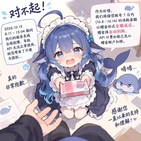 黒と白のメイド服を着たちびキャラの DeepSeekちゃん が、床にひざまずいて泣きながらクジラの意匠が入った赤い札束を両手で差し出している。左右の吹き出しには 2026.10.15 のサービス障害の説明と、アカウントの 10.8〜10.14 の利用額を特典クレジットとして全額返還する旨が書かれ、右下にはこれまでの支援への感謝の言葉、右側には同じように涙を流す小さなクジラのマスコットが描かれている。