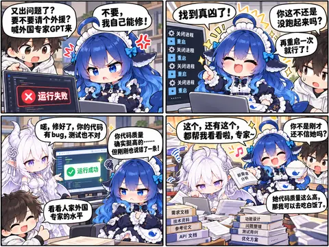 四格漫画描绘 DeepSeek 拟人角色坚持自己能修 bug，却靠反复重启，最后在 GPT 外援修正后化身摸鱼专家吃白饭。