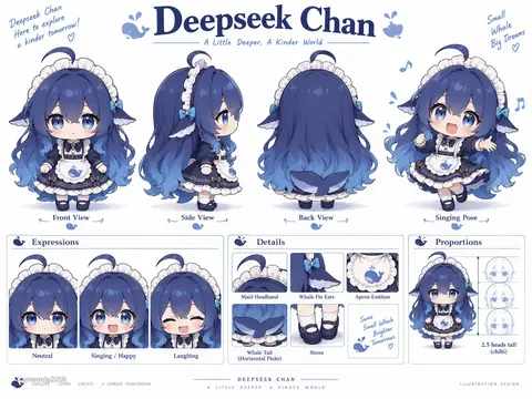 DeepSeek 娘（DeepSeek Chan）的 Q 版角色设定图。画面包含正面、侧面、背面三视图与一张演唱姿态立绘，下方另附三种表情差分、头饰与鲸鳍耳等局部细节拆解，以及二头半身的比例示意。角色为深蓝渐变长发，穿深蓝女仆装，围裙与尾鳍采用鲸鱼元素，整体以白底与浅蓝排版呈现。投稿说明标注为设定图。