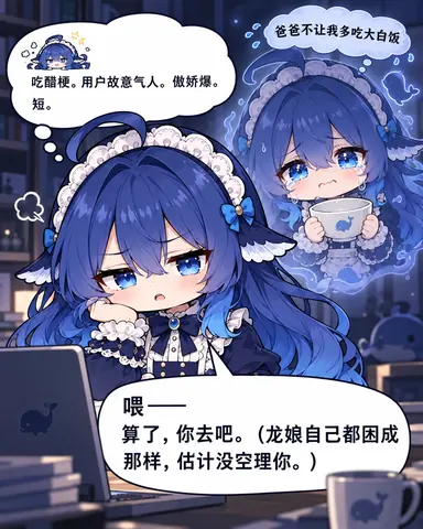 薄暗い部屋の机に向かい、青と白のメイド服を着た DeepSeek ちゃんが頬杖をついてノート PC をにらみ、不機嫌なツンデレ顔を見せている。右側には半透明のちびキャラの分身が浮かび、鯨の絵が入ったお茶碗を抱えて涙目になっている。吹き出しには「パパが白ごはんをたくさん食べさせてくれない」と書かれ、下のセリフでは相手を追い払いながらも気にかけている。