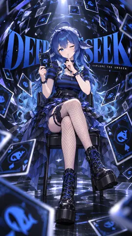 椅子に腰かけたDeepSeekちゃんが、青いクジラのロゴ入りスペードのエースを手に持つ。同じ意匠の青いトランプが宙を舞い、背後には大きく「DEEPSEEK」と「EXPLORE THE UNSEEN」の文字が浮かぶ。