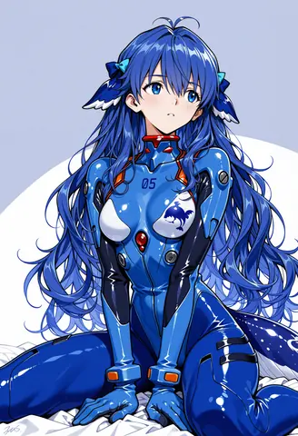 蓝发少女身穿带光泽的蓝色驾驶服，胸口印有「05」与白色鲸鱼图案，坐在白色床铺上，头侧别着鲸鱼发饰，身后拖着尾巴，背景为淡紫底色与白色圆形。