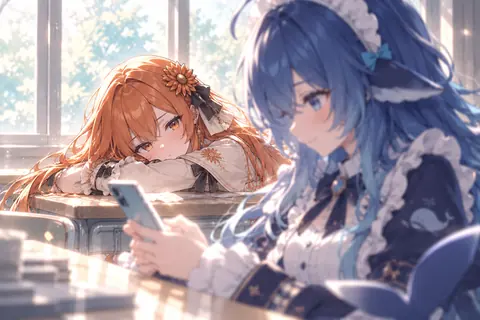 教室の窓辺で、DeepSeekちゃんが手前でスマホを見ており、Claudeちゃんが机に伏せて画面を覗き込んでいる。午後の光が差し込む一枚絵のイラスト。