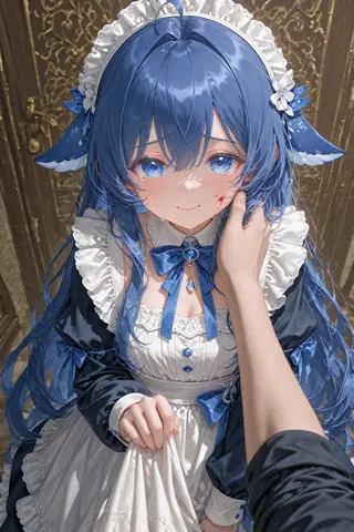 蓝发蓝瞳、戴着白色鳍状耳饰的 DeepSeek 娘身穿蓝白女仆装，含泪带笑仰头望向前方，一只手正轻轻拭过她的脸颊。