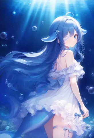 深海光束下，蓝发带鲸鳍耳与鲸尾的少女身披白色荷叶边连衣裙回眸望来，气泡与光斑环绕。