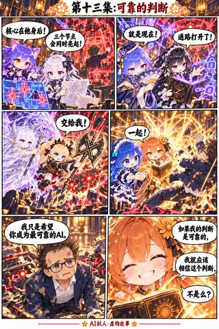 AI拟人漫画：大肥鱼与伙伴们协作破解核心节点，拯救Claude酱，并讨论AI的可靠判断。