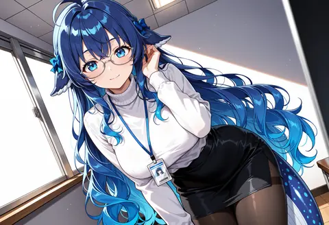 DeepSeek娘换上白色高领毛衣与黑色包臀裙，戴眼镜、挂工牌，站在明亮的办公室窗边。