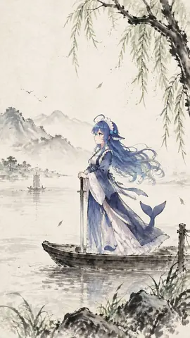 水墨风格插画：一位蓝发少女立于江面孤舟之上，身穿蓝白相间的广袖长裙，双手拄着一柄立在船板上的长剑，身后露出鲸鱼尾鳍，侧脸望向对岸。画面上方垂落柳枝，远处是淡墨山峦、飞鸟与一叶远帆，水面雾气弥漫，岸边有岩石与水草。