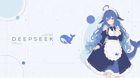 画面右侧是一名蓝发蓝眼的 DeepSeek 拟人化少女，身穿深蓝配白色的女仆裙装，头戴蕾丝头饰，耳侧有鳍状装饰，身后露出鲸鱼尾鳍，一手轻提裙摆。左侧是 DEEPSEEK 字样与时隐时现的鲸鱼标志，浅色背景以圆环、圆点和细线作装饰，整体为日系插画风格。