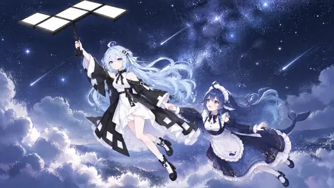 浅蓝发少女高举太阳能板似的伞，牵着鲸尾女仆装同伴的手，在银河与流星下飞越云海。