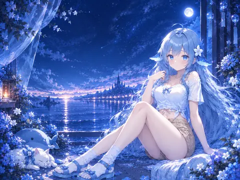 夜空の下、青い花に囲まれた湖畔のテラスに青髪の少女が座っている。右上には満月と星空。白い半袖トップスとベージュのショートパンツ、紐つきのサンダル姿で、そばには青い魚のぬいぐるみ、足元ではリボンをつけた白い猫が眠っている。湖の向こう岸には城の灯りが水面に映っている。