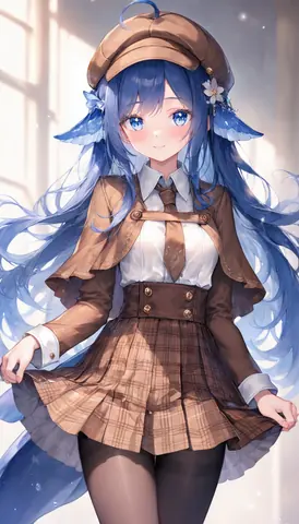 蓝色长发少女以肥鱼学姐的形象出场，头戴棕色贝雷帽，耳侧缀着蓝色鱼鳍状发饰与一朵小白花，身穿白衬衫搭配棕色领带、棕色外套和棕格纹百褶裙，下身是深色连裤袜。人物微微侧身、双手提着裙摆，背景是朦胧的室内窗光。