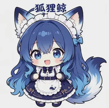 蓝色长发、狐耳狐尾的 DeepSeek 娘穿上蓝白女仆装，围裙上绣着一只小鲸鱼，抱手卖萌的 Q 版立绘。