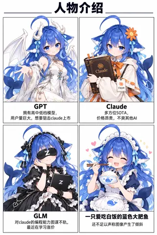 四格人物介绍，把 GPT、Claude、GLM 与吃白饭的蓝色大肥鱼 DeepSeek 娘并排对比吐槽。