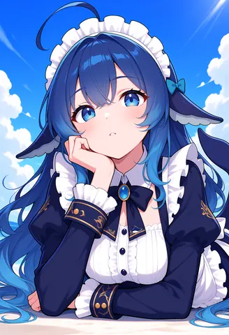 In the picture, DeepSeek Chan wears a navy and white maid outfit, propped on one hand with her chin resting on it as she leans on the lower edge of the frame, staring wide-eyed straight at the viewer with a slightly vacant expression. A bright blue sky and white clouds fill the background.