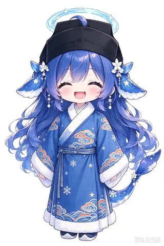 蓝发 Q 版 DeepSeek 娘穿蓝色直裰汉服，白色毛绒镶边，头戴黑色幞头，白底全身立绘。