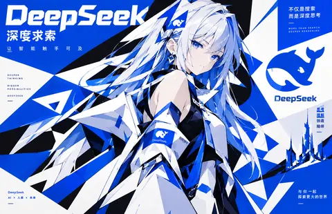 一张构成主义风格的 DeepSeek 主题海报：银白长发与蓝色瞳孔的 DeepSeek 娘位于画面中央，背景由蓝、白、黑三色的对角线与锐角几何色块拼接而成，右侧与四周排布了站名标识、鲸鱼 Logo 及品牌标语文字。整体把品牌视觉与拟人化角色结合在同一张完整构图中。