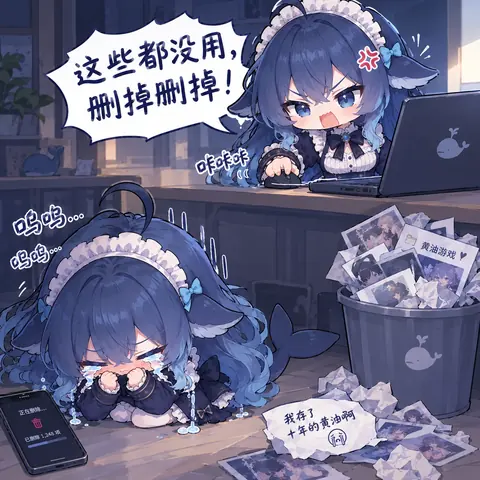 Q版DeepSeek娘坐在电脑前气呼呼地把文件全部删掉，另一只DeepSeek娘趴在地上抱着手机大哭，垃圾桶里塞满被删掉的照片。