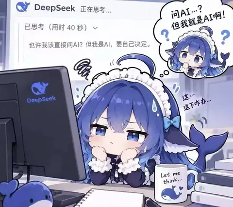 DeepSeek 拟人小蓝鲸坐在电脑前纠结「要不要问 AI」,屏幕上显示已思考 40 秒。