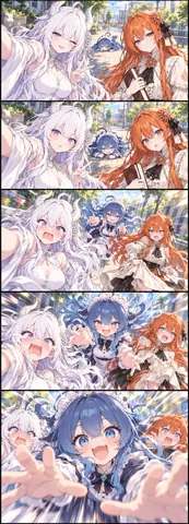 A five-panel vertical comic set on a sunny street. White-haired GPT Chan holds up a phone for a selfie while orange-haired Claude Chan stands beside her holding a book. Blue-haired DeepSeek Chan starts out flopped on the pavement in the far background, then bursts into the frame and finally lunges at the camera with both arms outstretched, leaving her two companions open-mouthed and screaming. Exaggerated perspective and speed lines close the sequence.